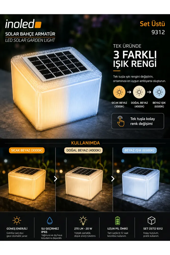 İnoled 9312 Solar Bahçe Armatürü Set Üstü 20W 270 Lümen IP65 Güneş Enerjili Dış Mekan Aydınlatma Tek üründe 3 farklı ışık rengi