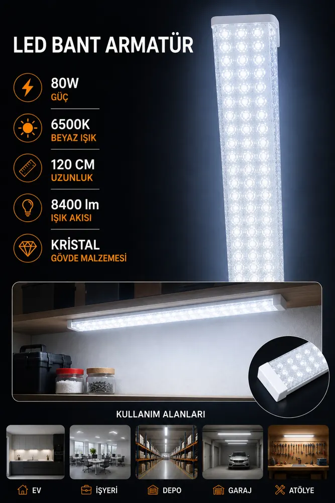 80W LED Bant Armatür 120 cm Kristal Gövde 8400 lm 6500K Beyaz Işık Yüksek Parlaklık