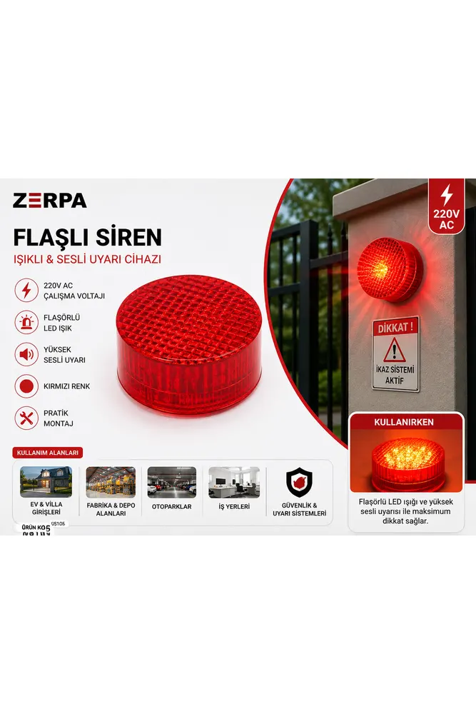 ZERPA 220V Flaşörlü Siren Kırmızı – Işıklı ve Sesli Uyarı Cihazı