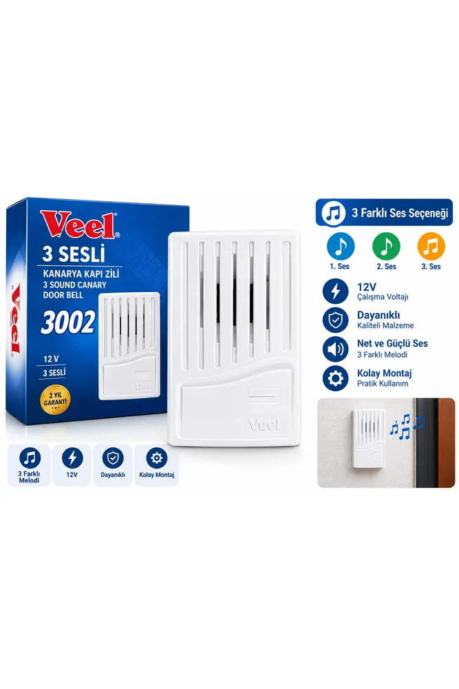 Veel 3002 3 Sesli Kanarya Kapı Zili 12V Kablolu Zil