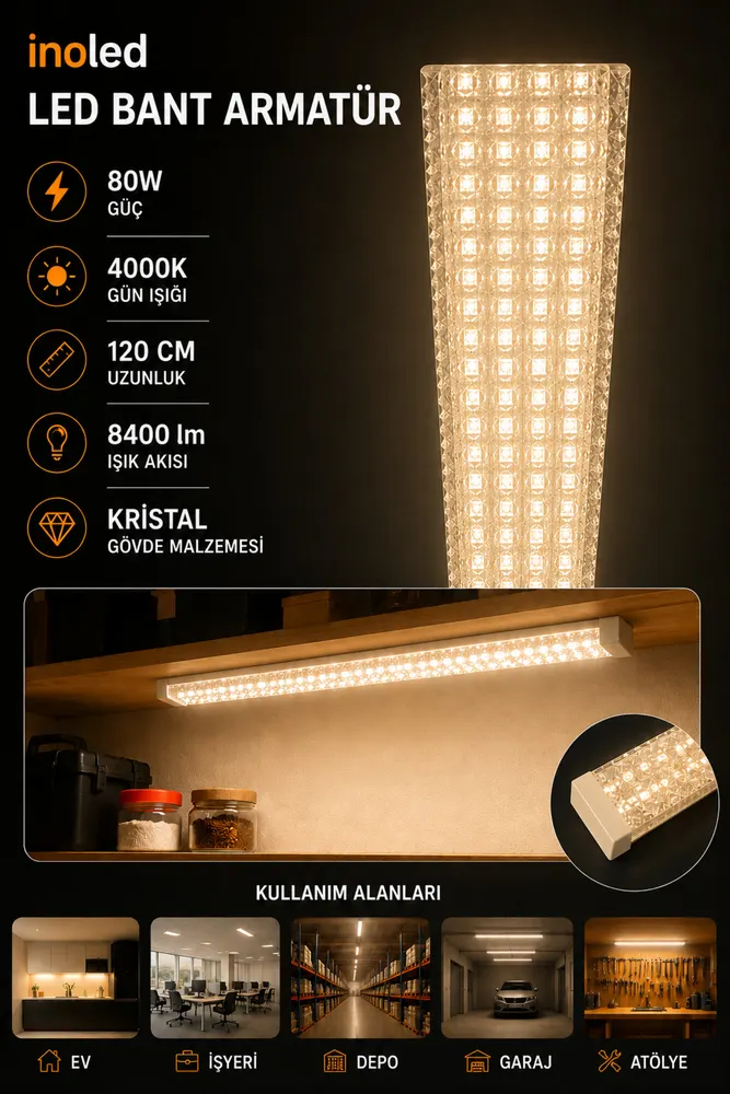 inoled 80W LED Bant Armatür 120 cm Kristal Kasa 8400 lm 4000K Gün Işığı Yüksek Işık Gücü