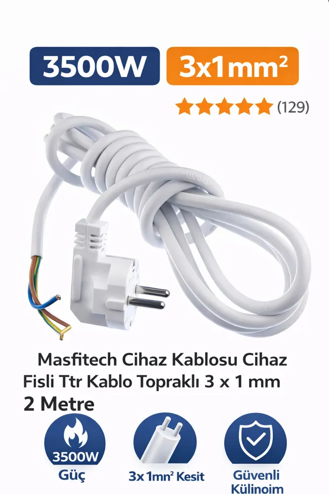 Cihaz Fişli Ttr Topraklı Kablo 3 X 1 Mm 2 Metre Beyaz