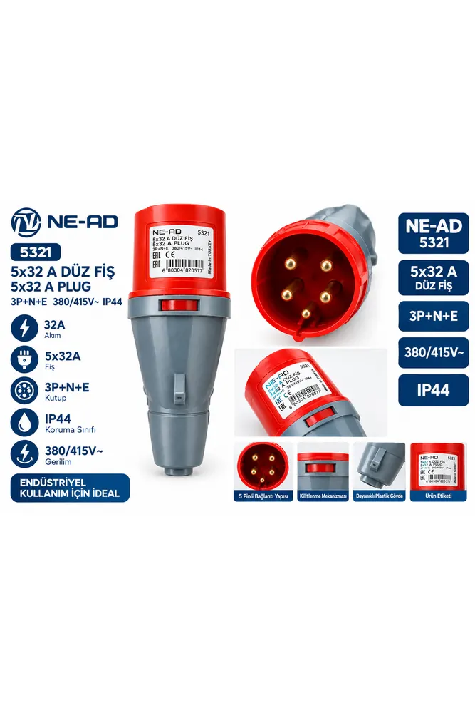 NE-AD 5321 5x32A Düz dişi Fiş 32A 3P+N+E 380/415V IP44 Endüstriyel Fiş