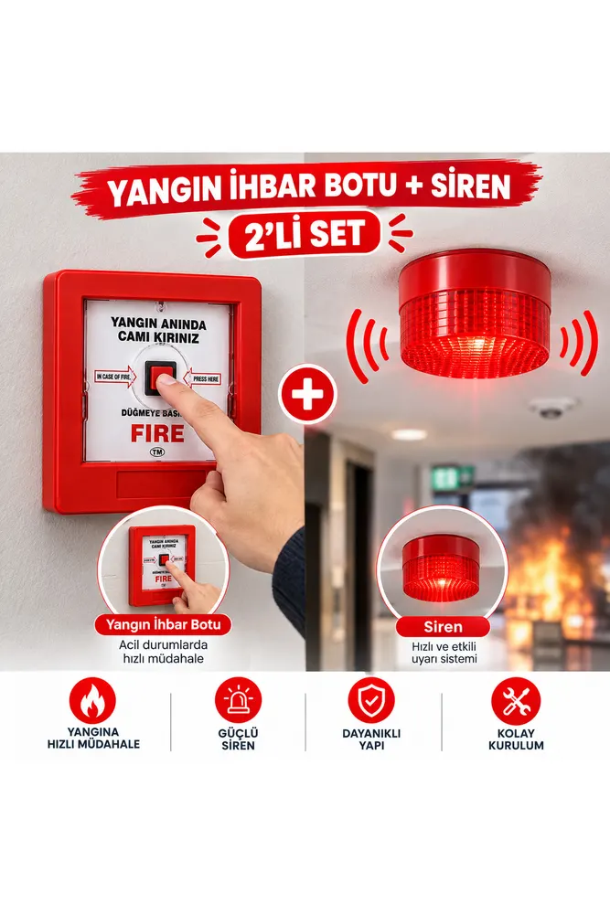 Yangın İhbar Butonu + Siren 2’li Set Yangın Alarm Sistemi Acil Uyarı