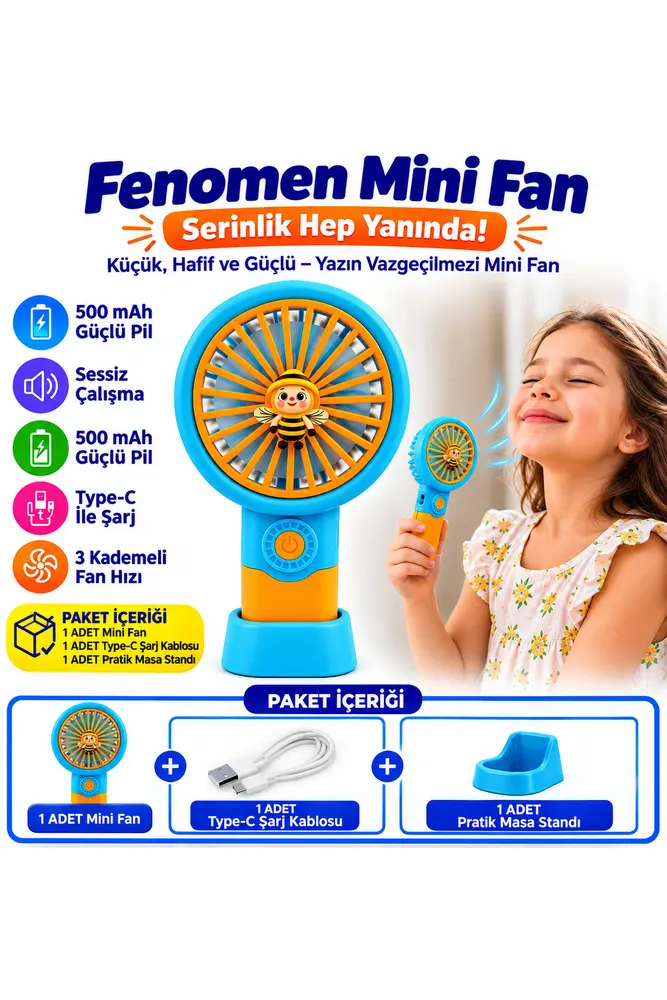 Fenomen Mini Fan 500 mAh Şarjlı El Vantilatörü 3 Kademeli Sessiz Taşınabilir Masaüstü Fan Type-C