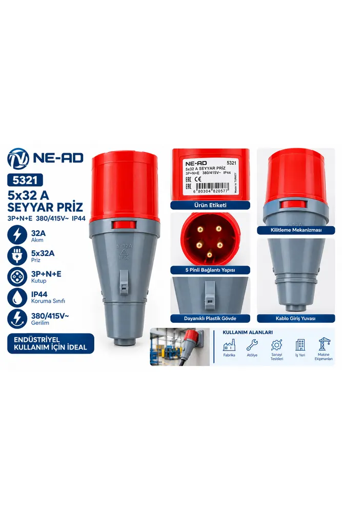 NE-AD 5321 5x32A Seyyar Priz 3P+N+E 380/415V IP44 Endüstriyel