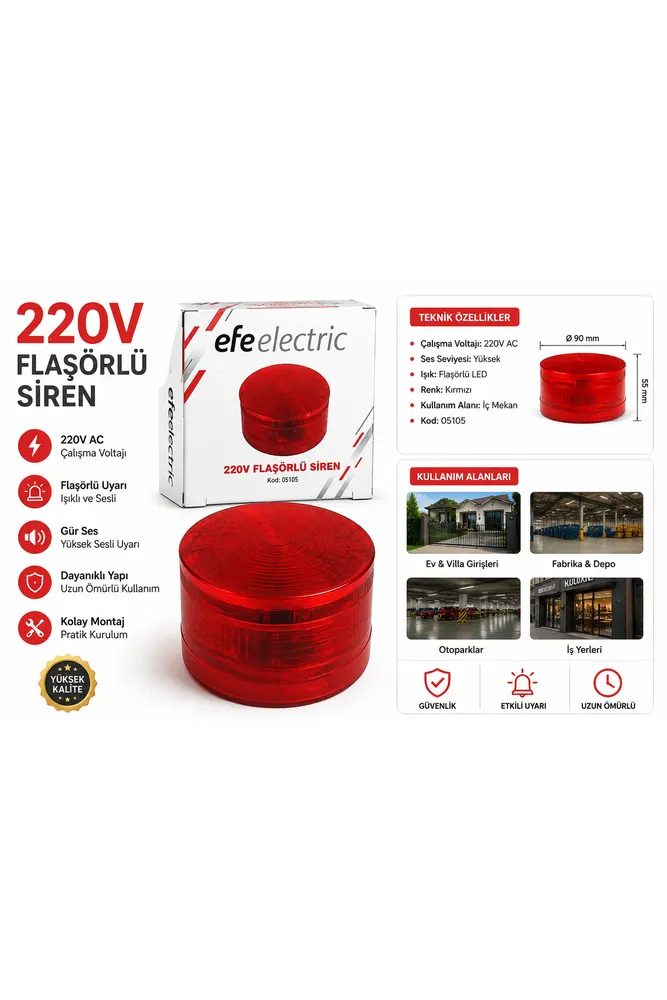 220V Flaşörlü Siren – Işıklı ve Sesli Uyarı Cihazı – Kırmızı
