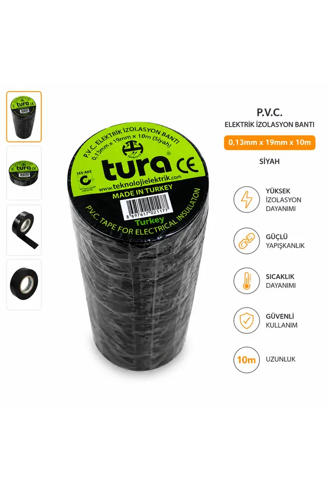 Izole Bant - Pvc Elektrik Izolasyon Bandı - Siyah - 10'lu Paket