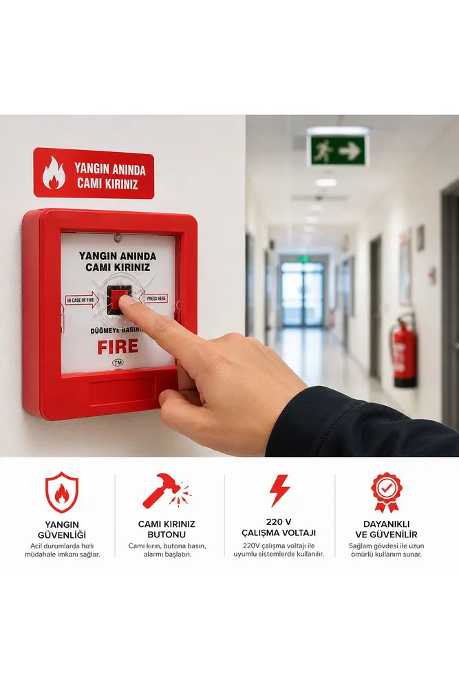 ZERPA Yangın İhbar Butonu Cam Kırınız Tipi 220V Yangın Muhbiri Acil Durum Alarm Butonu Kırmızı