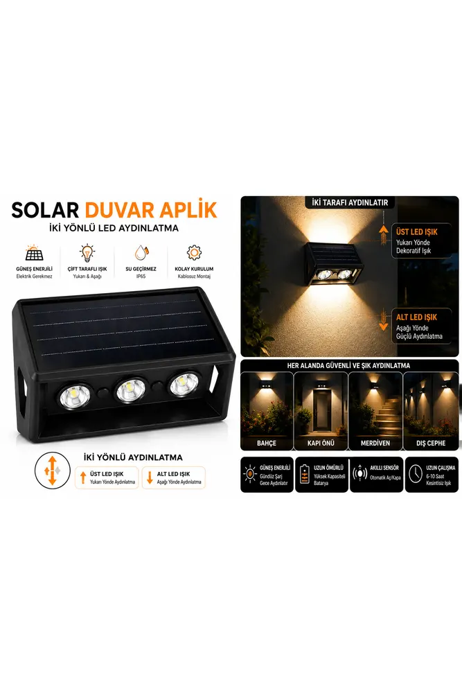 Solar Duvar Aplik Hareket Sensörlü Güneş Enerjili LED Aydınlatma IP65 Su Geçirmez Dış Mekan Aplik