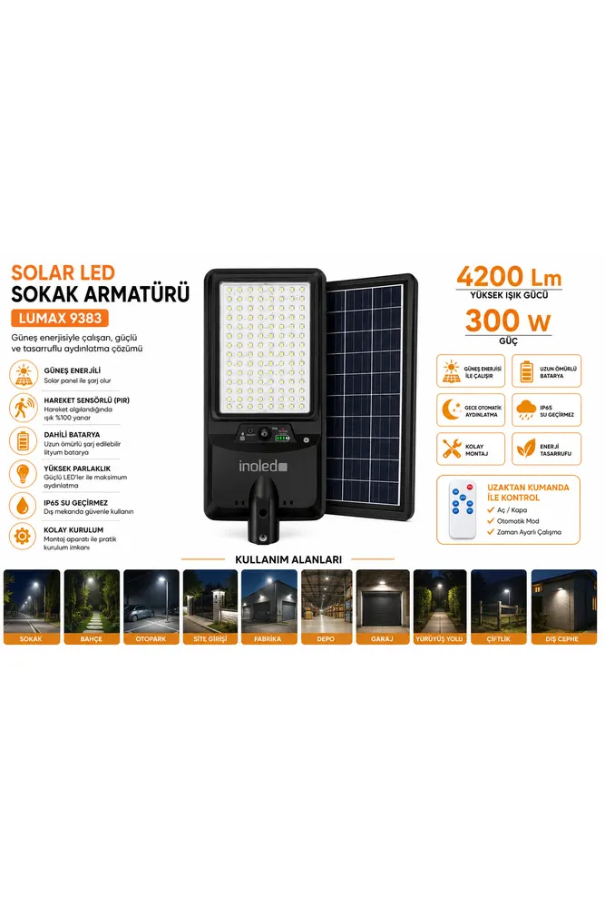 Lumax 9383 Solar LED Sokak Armatürü 300W 4200Lm Hareket Sensörlü IP65 Güneş Enerjili Dış Mekan Aydınlatma
