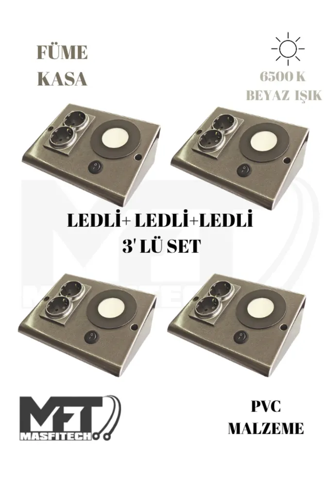 Dolap & Tezgah Altı Prizli Aydınlatma 3 Watt 6500k Beyaz Işık (4 ADET) Füme