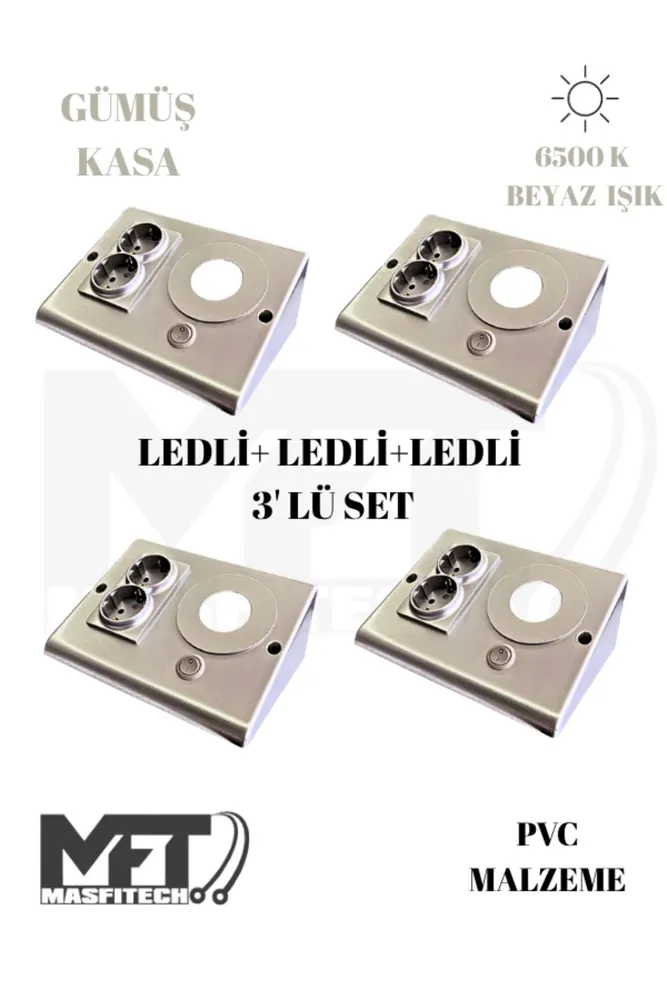 Dolap & Tezgah Altı Prizli Aydınlatma 3 Watt 6500k Beyaz Işık (4 ADET) Gümüş