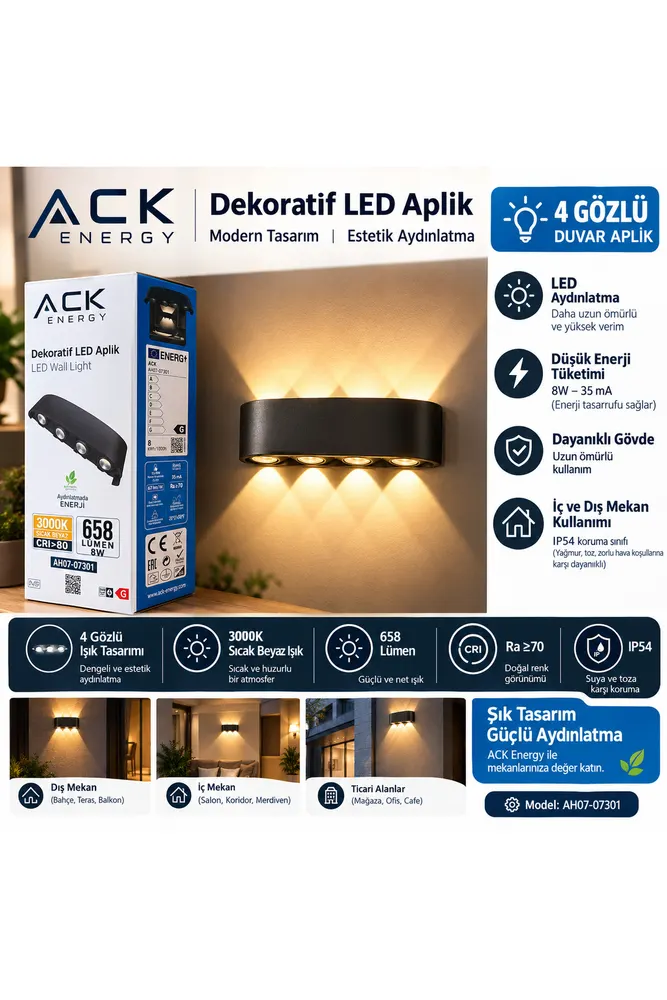 ACK Energy 4 Gözlü Dekoratif LED Duvar Apliği 8W 3000K Sıcak Beyaz IP54 İç Dış Mekan Aydınlatma