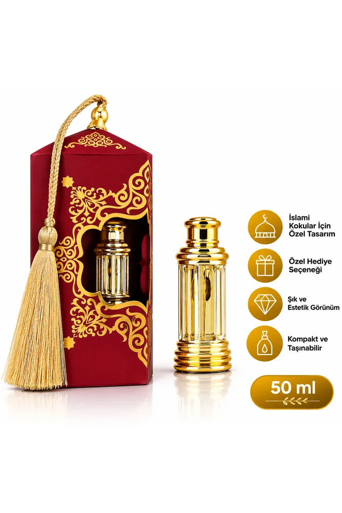 50 ML Altın Renkli İslami Koku Şişesi – Dekoratif Metal Tasarım Esans ve Parfüm Şişesi
