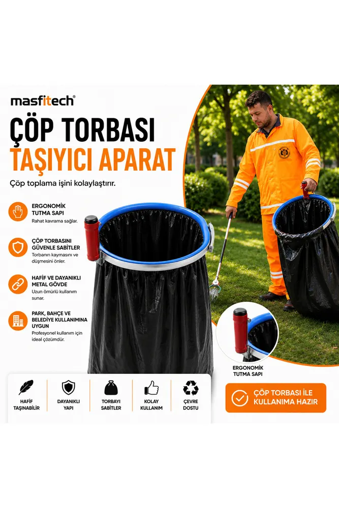 Çöp Torbası Taşıyıcı Aparat | Ergonomik Saplı Metal Çöp Toplama Halkası | Park, Bahçe ve Belediye Kullanımına Uygun