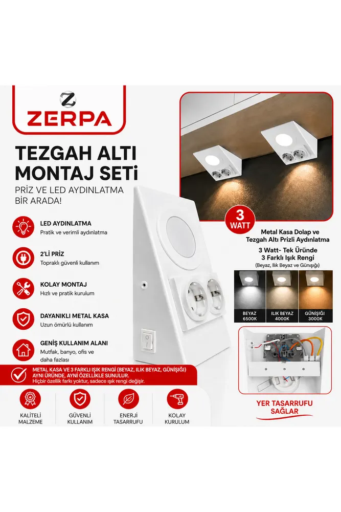 Metal Kasa Dolap ve Tezgah Altı Prizli Aydınlatma 3 Watt- Tek Üründe 3 Farklı Işık Rengi (Beyaz, Günışığı ve Ilık Beyaz )