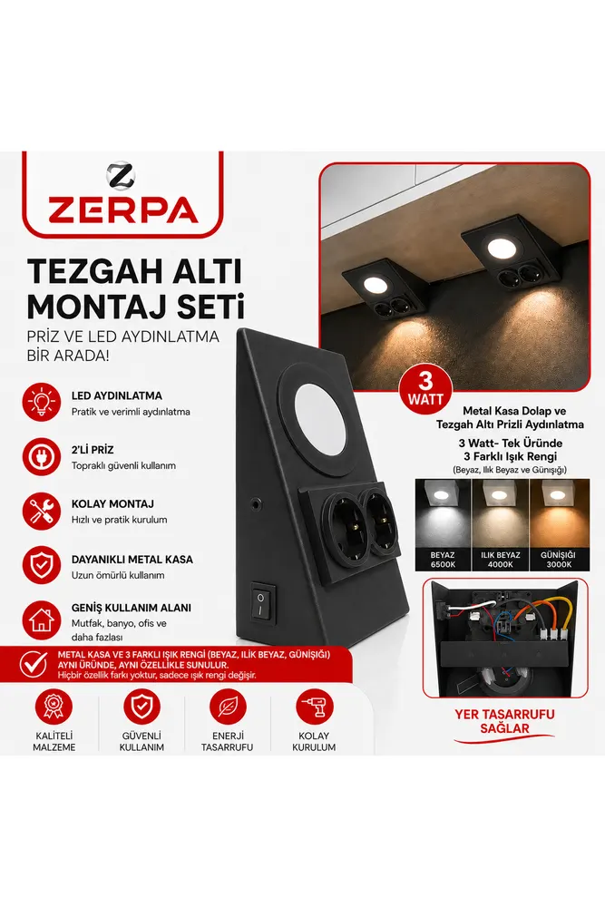 Metal Kasa Dolap ve Tezgah Altı Prizli Aydınlatma 3 Watt- Tek Üründe 3 Farklı Işık Rengi (Beyaz, Günışığı ve Ilık Beyaz )