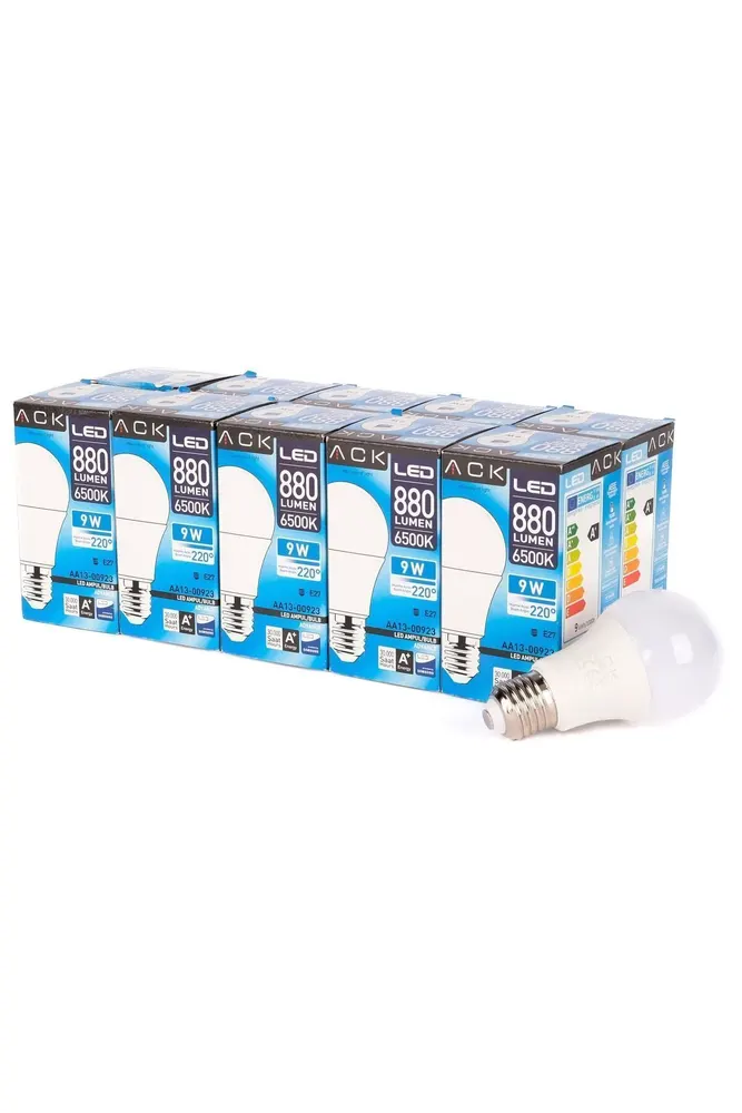 9w 10'lu Paket A60 Led Ampul 6500k Beyaz Işık 880lm E27