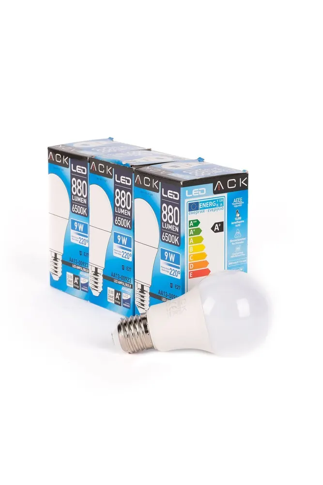 9w 3'lü Paket A60 Led Ampul 6500k Beyaz Işık 880lm E27