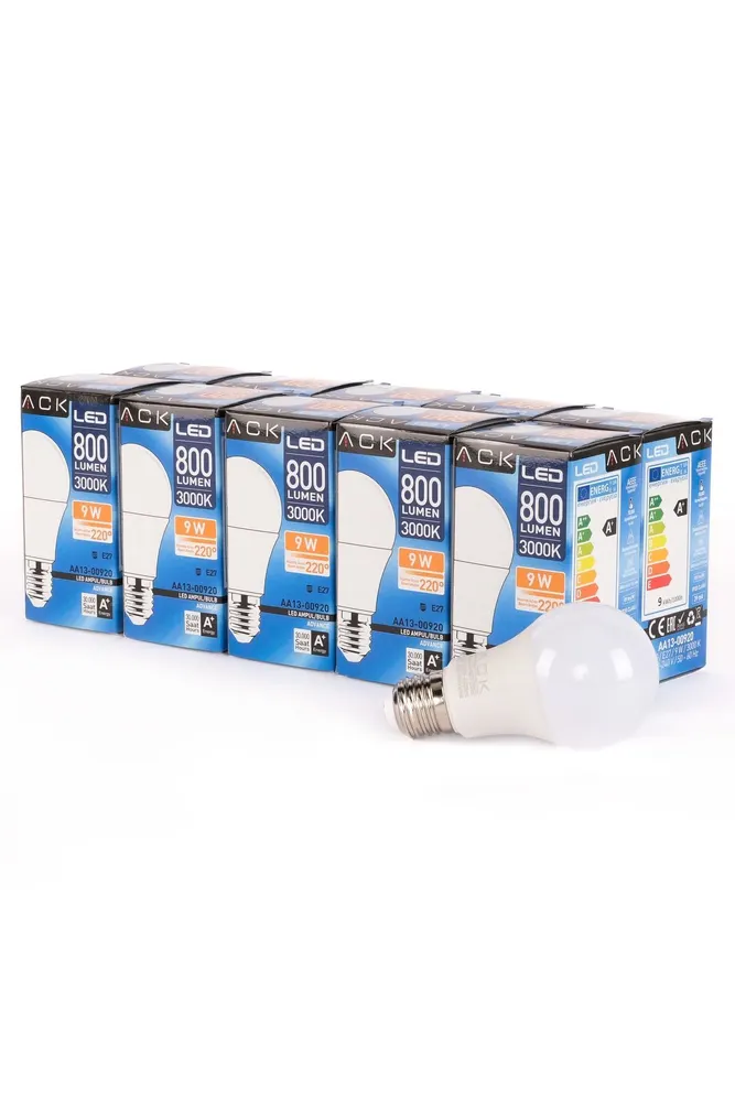 9w 10'lu Paket A60 Led Ampul 3000k Gün Işığı 800lm E27