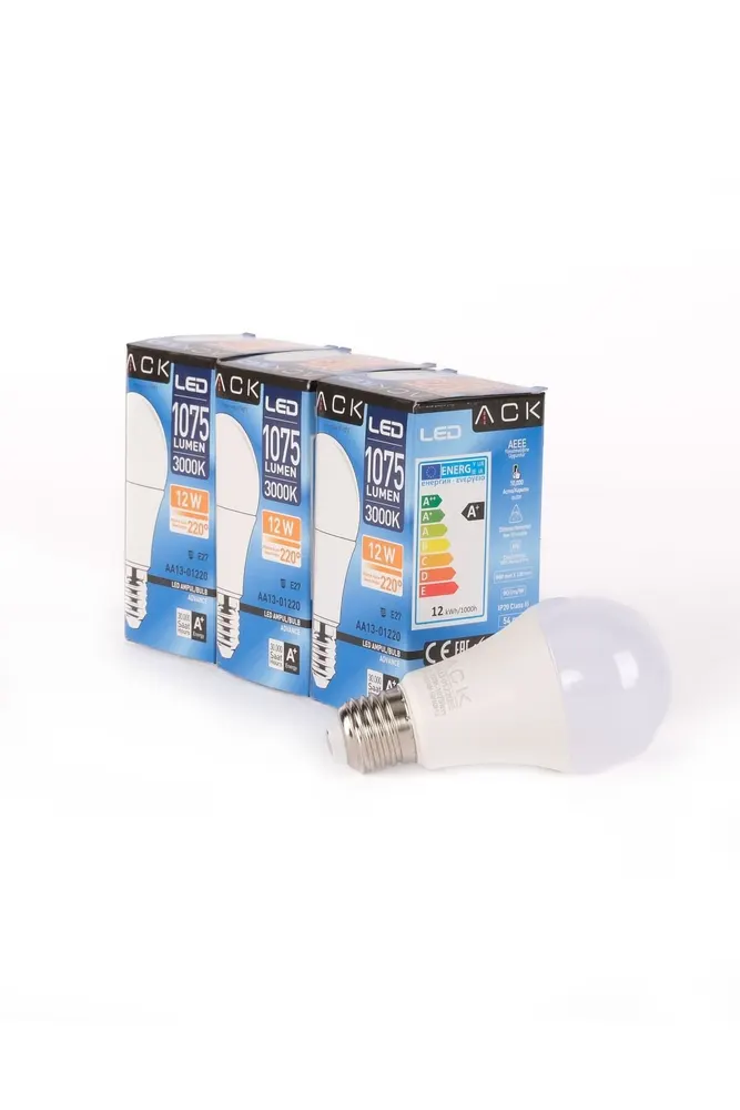 12w 3'lü Paket A60 Led Ampul 3000k Gün Işığı 1075lm E27