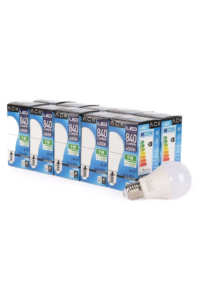 9w 10'lu Paket A60 Led Ampul 4000k Ilık Beyaz 840lm E27
